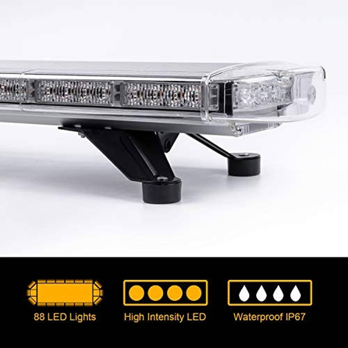Clear-lens LED strobe light bar close-up with black mounting bracket, single unit