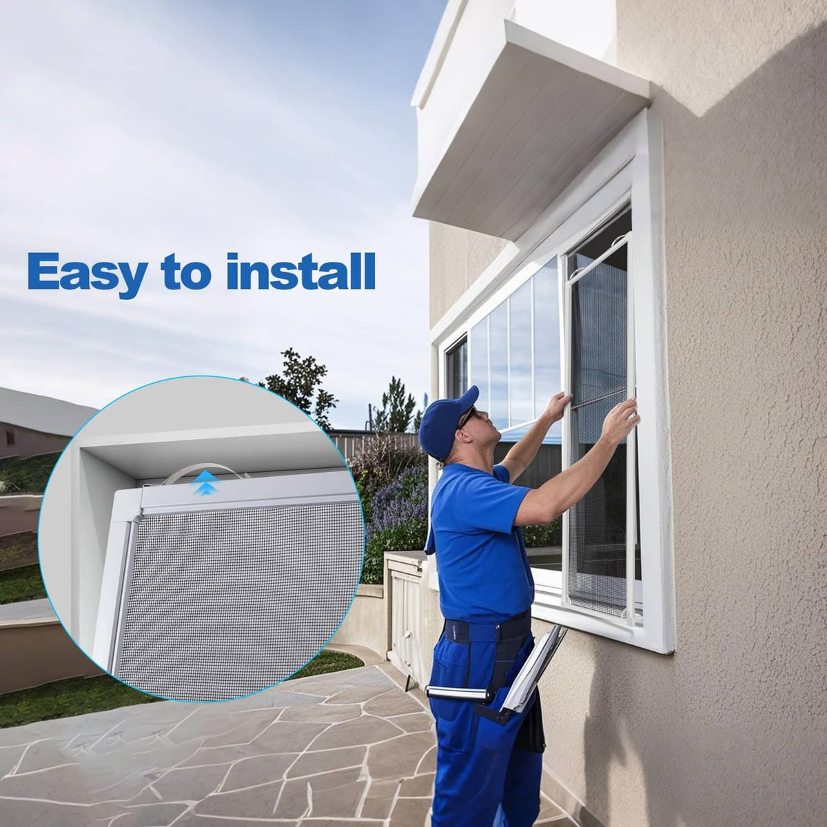 White window insect screen frame installed on a house window opening