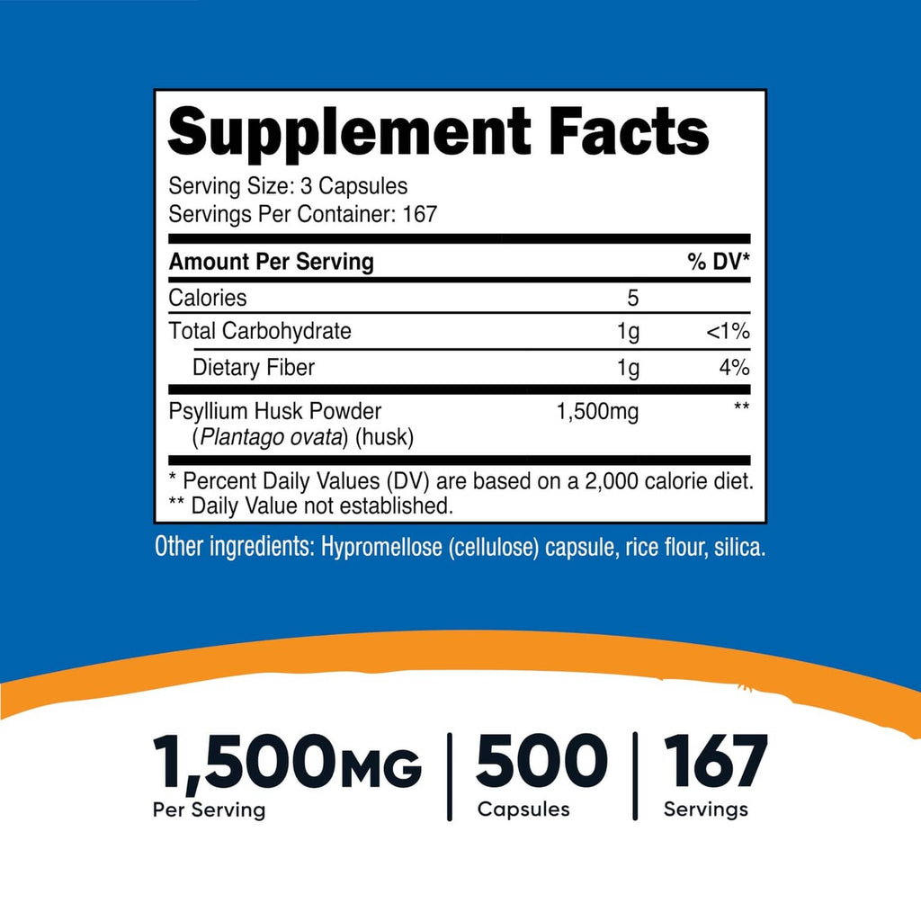 Supplement Facts panel: 1,500mg psyllium husk powder, dietary fiber 1g, 500 capsules