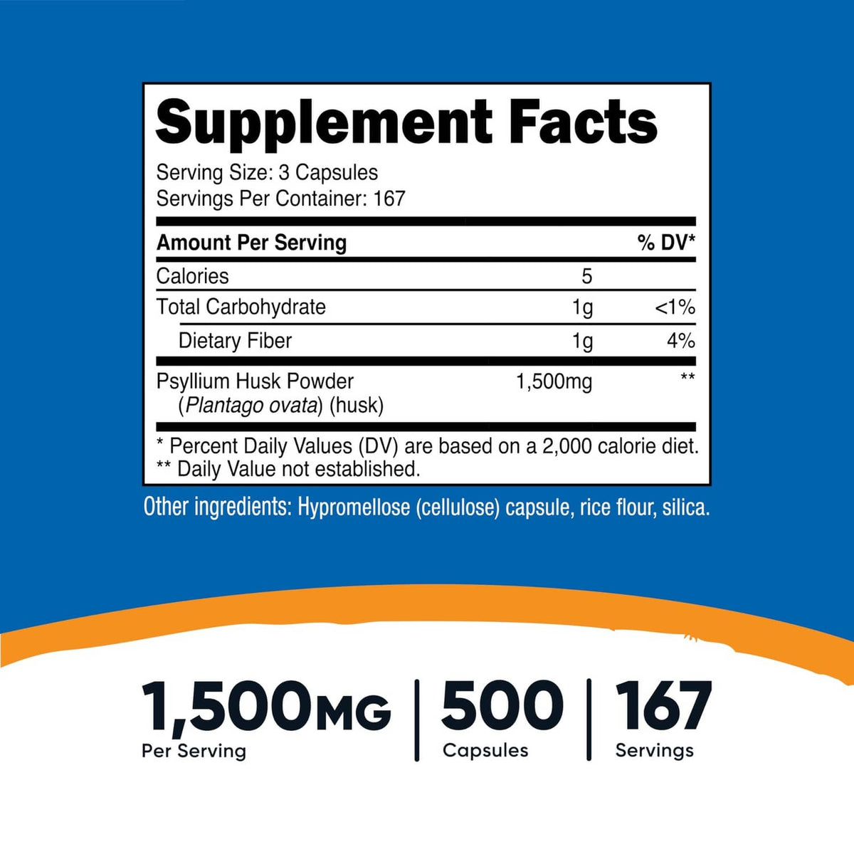 Supplement Facts panel: 1,500mg psyllium husk powder, dietary fiber 1g, 500 capsules