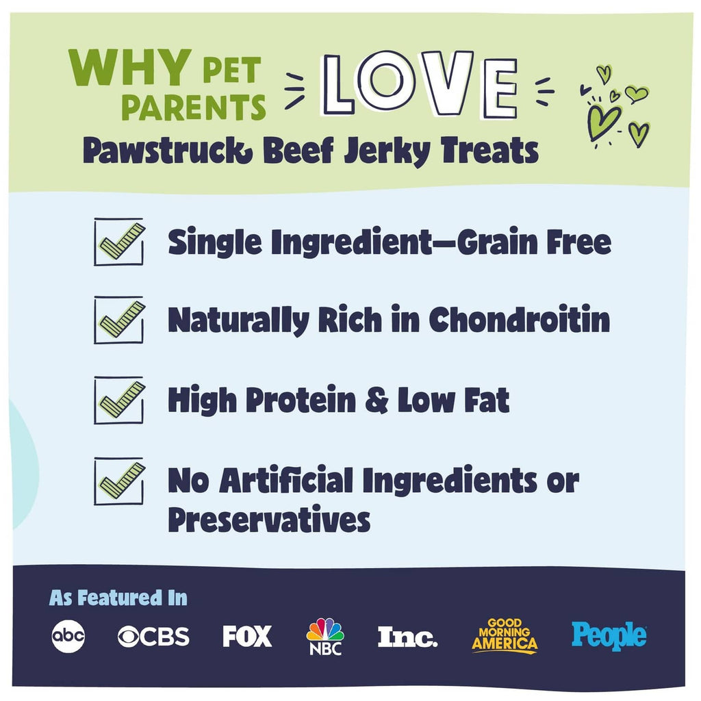Pawstruck beef jerky treats benefits poster with ingredient and nutrition bullet points