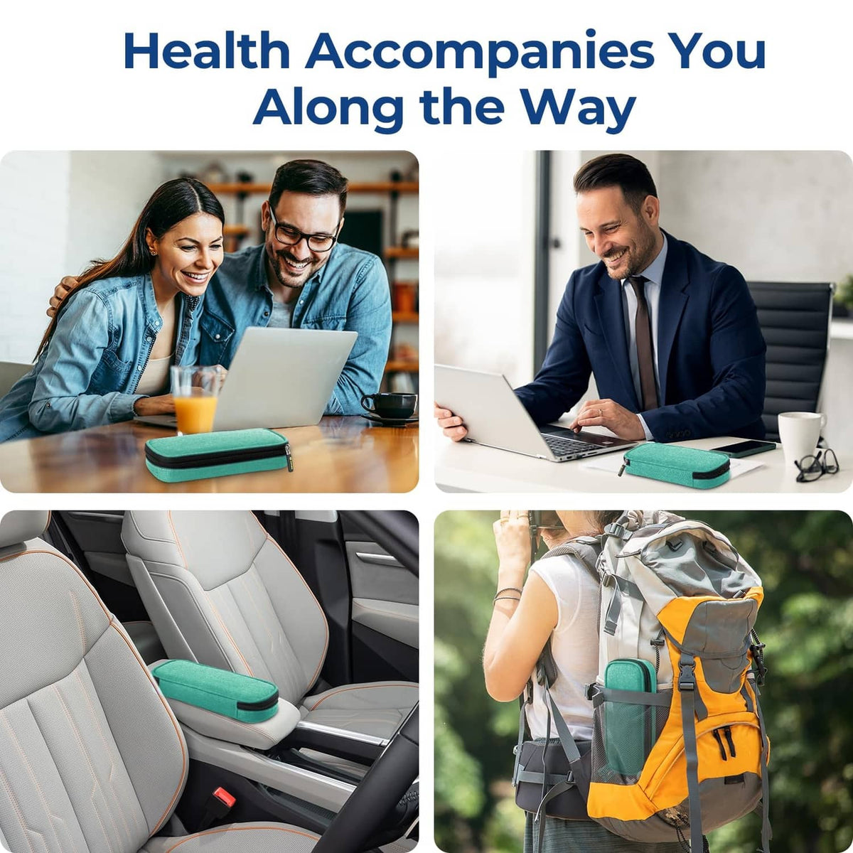 AUVON teal insulin cooler travel case used for travel with laptop, car seat, and backpack