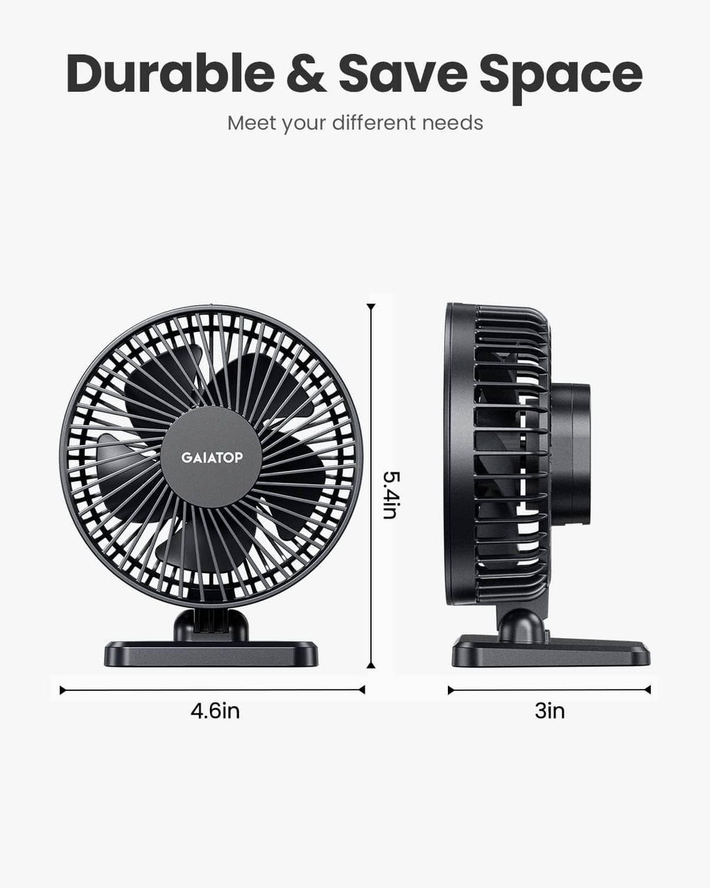 Black compact USB desk fan, front and side views with size dimensions