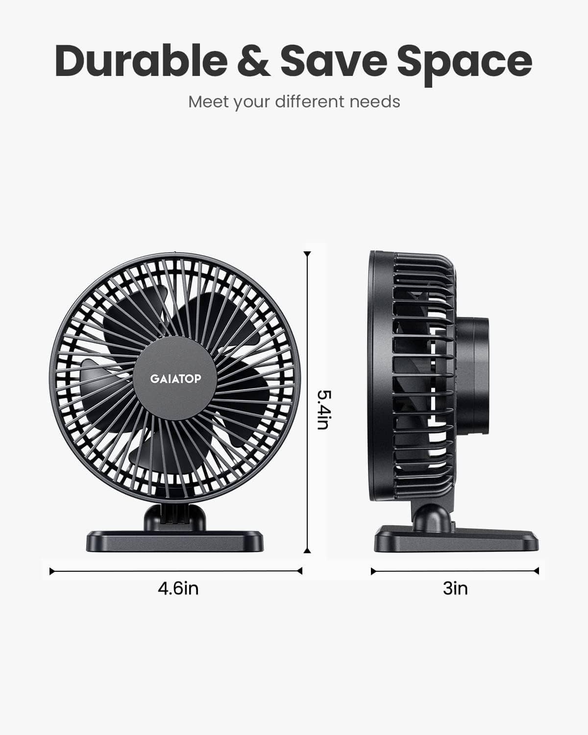 Black compact USB desk fan, front and side views with size dimensions