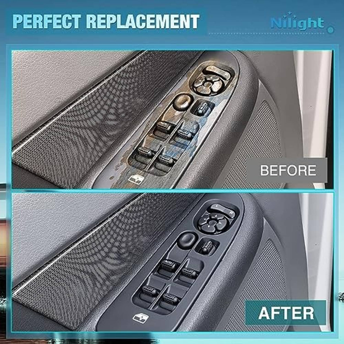 Power window switch replacement comparison, showing before and after switch panel
