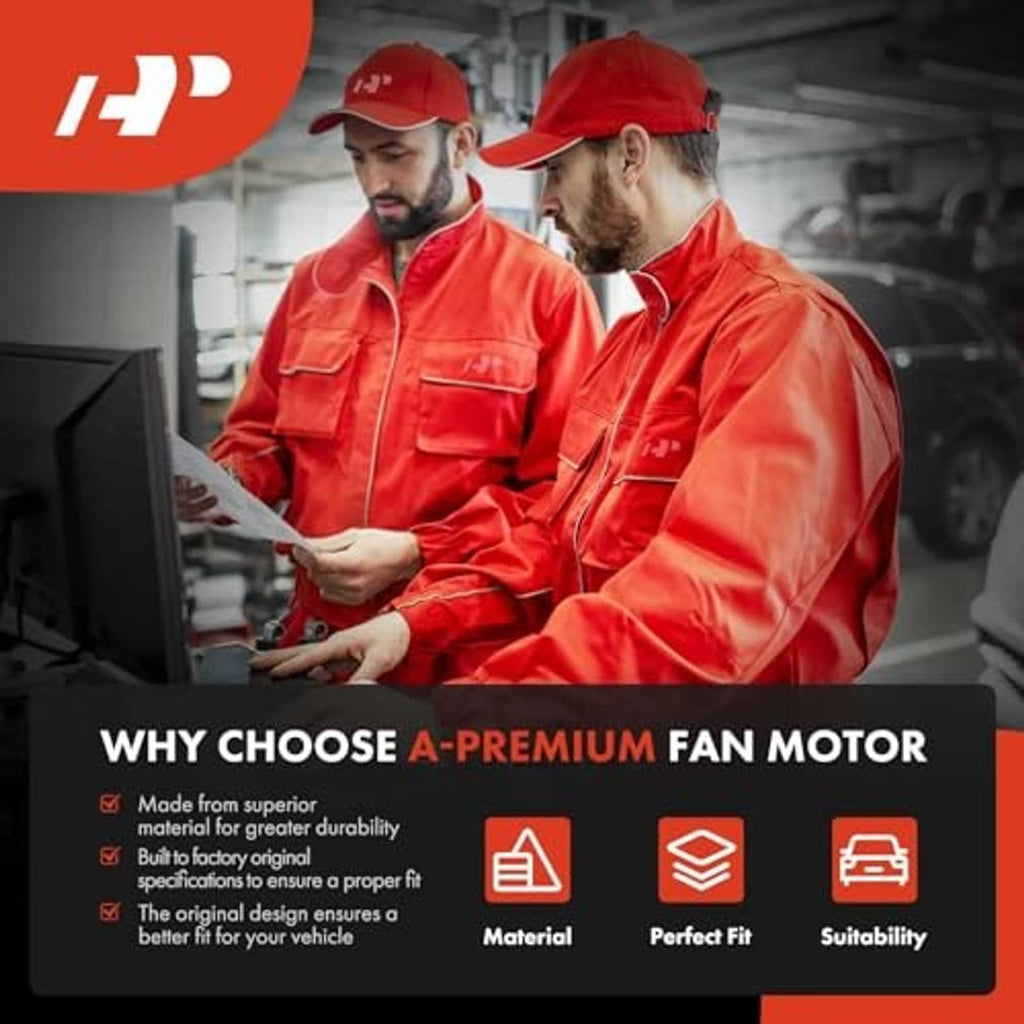 Radiator fan motor promotional banner with technicians in red workwear.