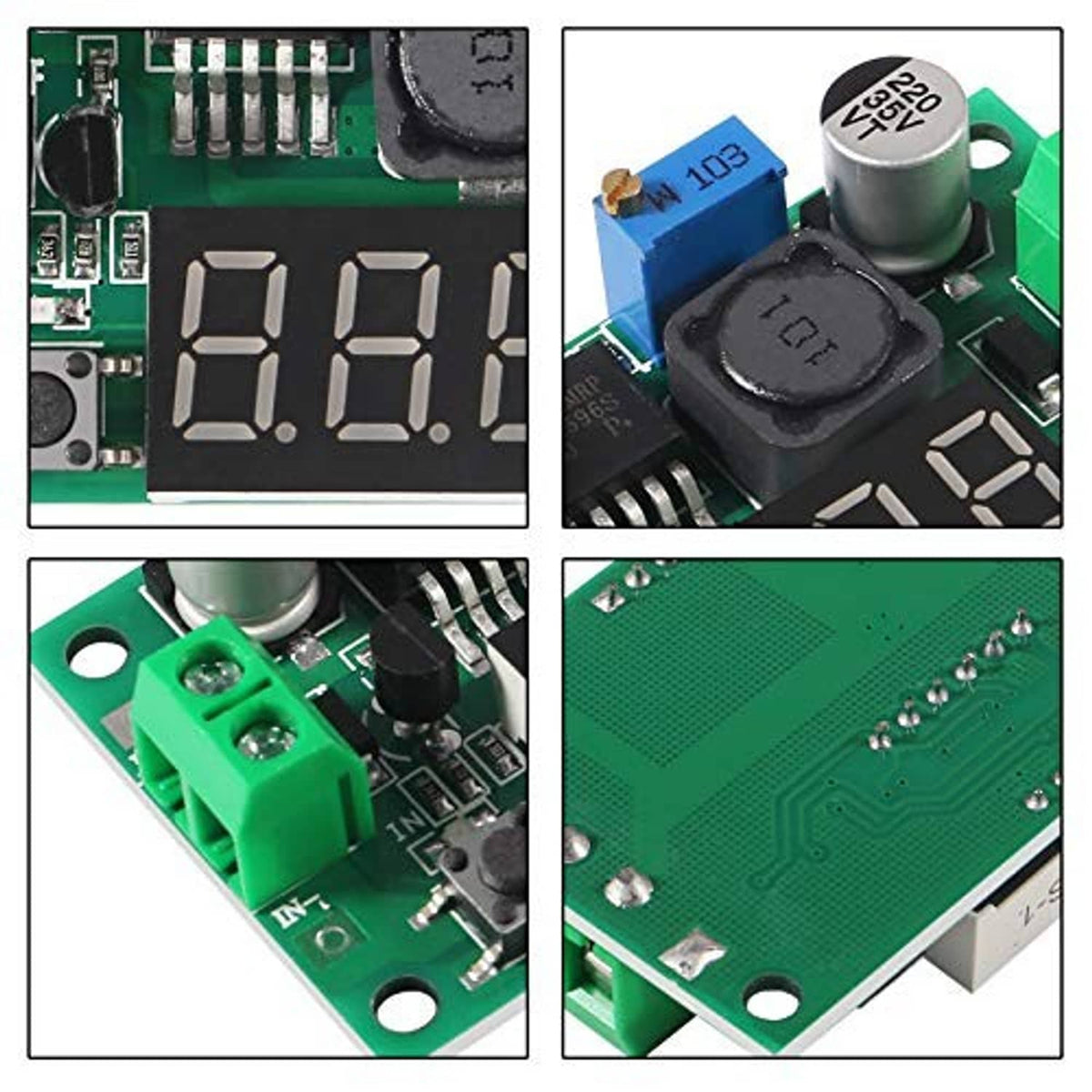 LM2596 step-down regulator module detail collage showing display, components, and board traces