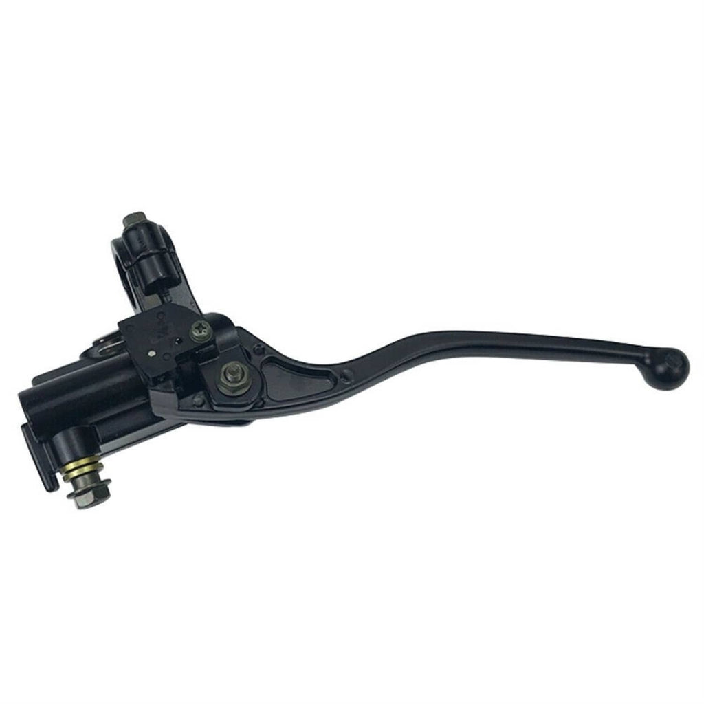 Black brake master cylinder lever with clamp mount and curved hand lever