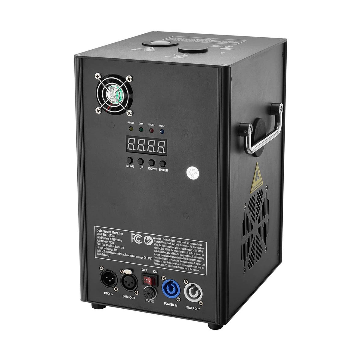 Cold spark firework machine with rear panel controls, handle, and warning label