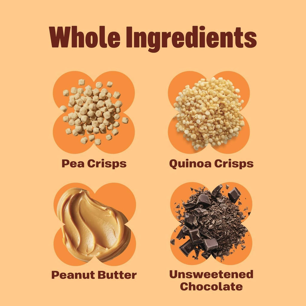 Plant-based protein bar ingredient icons: pea crisps, quinoa crisps, peanut butter