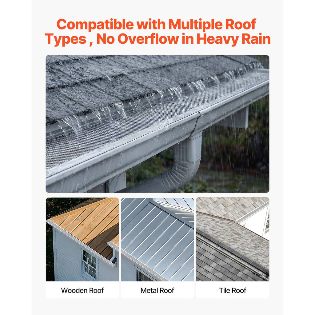 Steel mesh gutter cover on a rain-sheltered gutter, fine netting helps prevent clogging