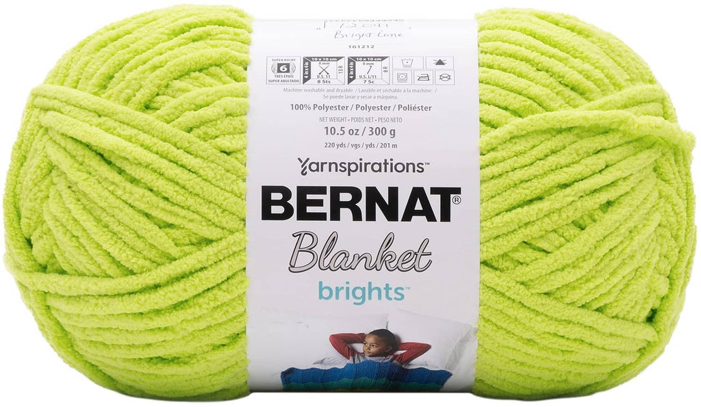 Bright green Bernat Blanket yarn skeins, 100% polyester, for knitting and crochet.