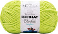Bright green Bernat Blanket yarn skeins, 100% polyester, for knitting and crochet.