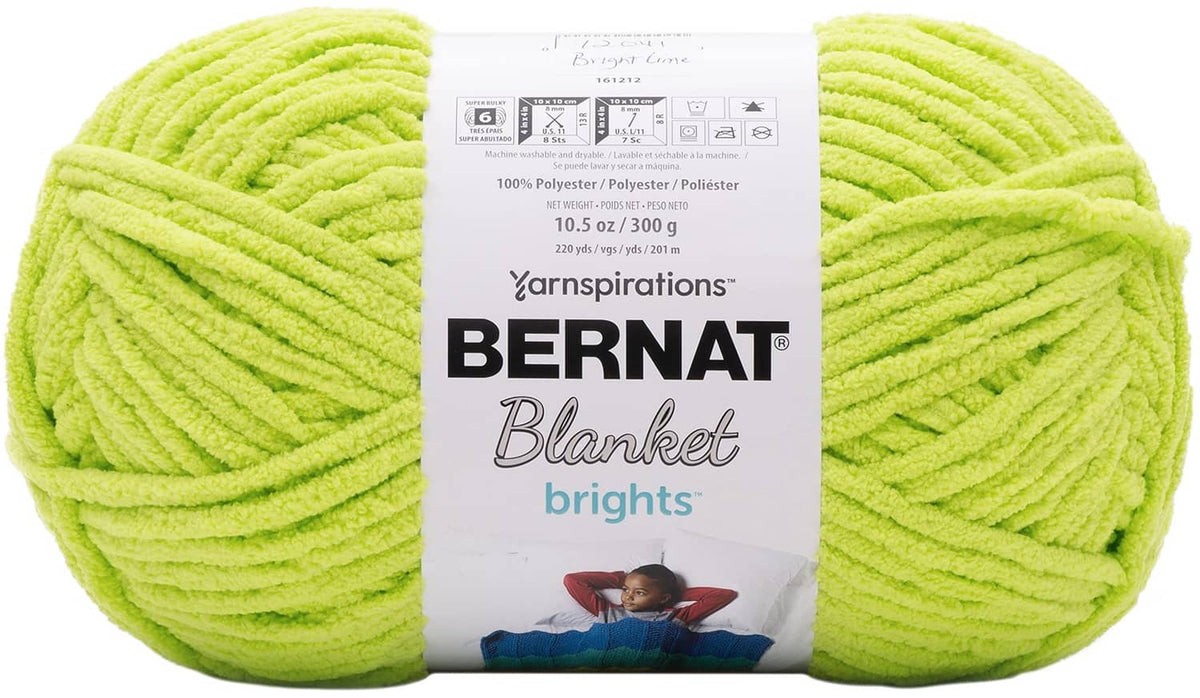 Bright green Bernat Blanket yarn skeins, 100% polyester, for knitting and crochet.