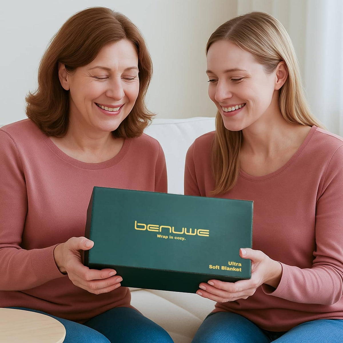 Two people holding a cream faux fur blanket package on a sofa