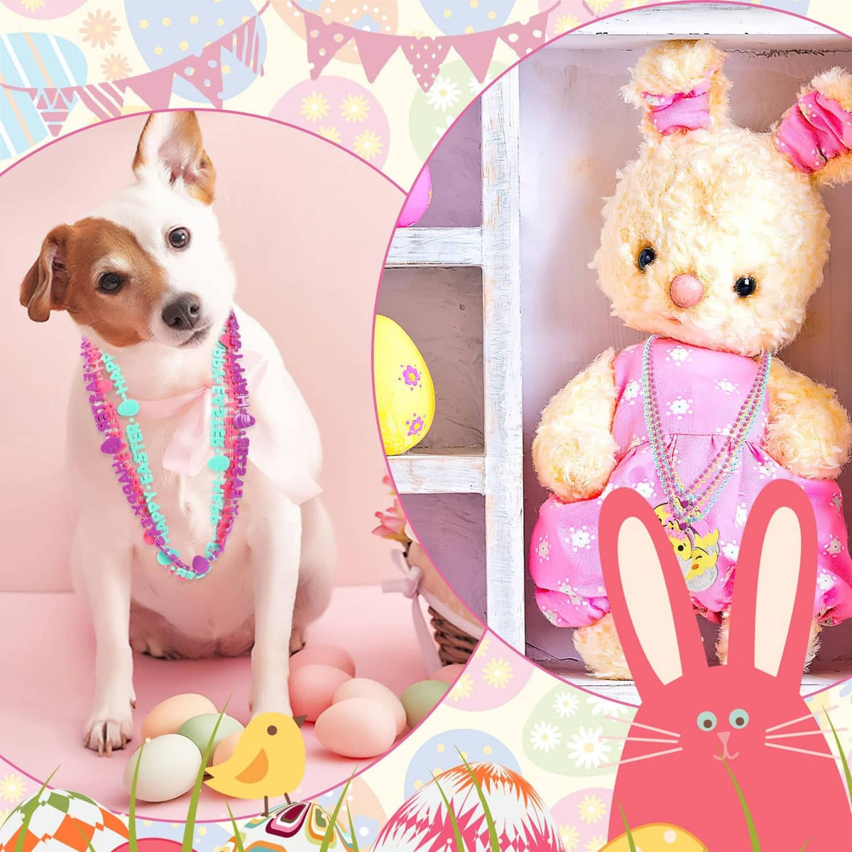 Easter necklace set worn by a dog and a teddy bear, featuring bead bunny charms