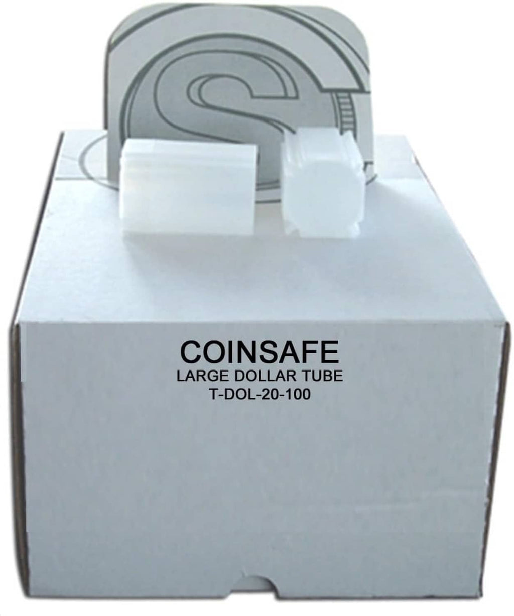 COINSAFE large dollar tube packaging with coin tube and cardboard top insert.