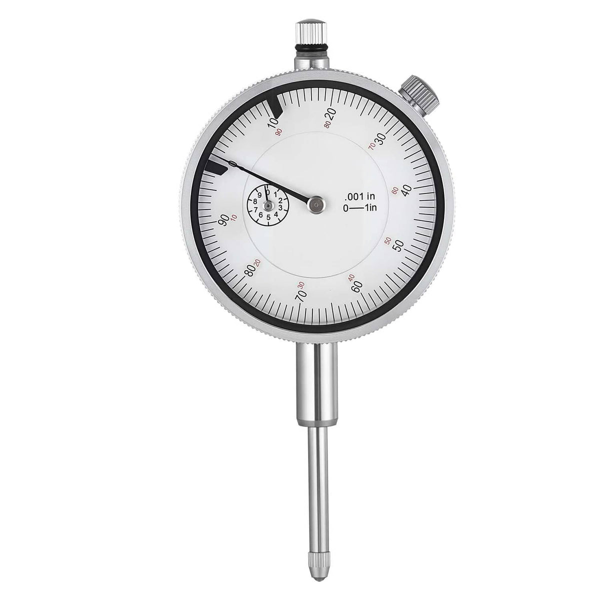 Dial test indicator with 0.001 in resolution and 0–1 range, metal body and dial