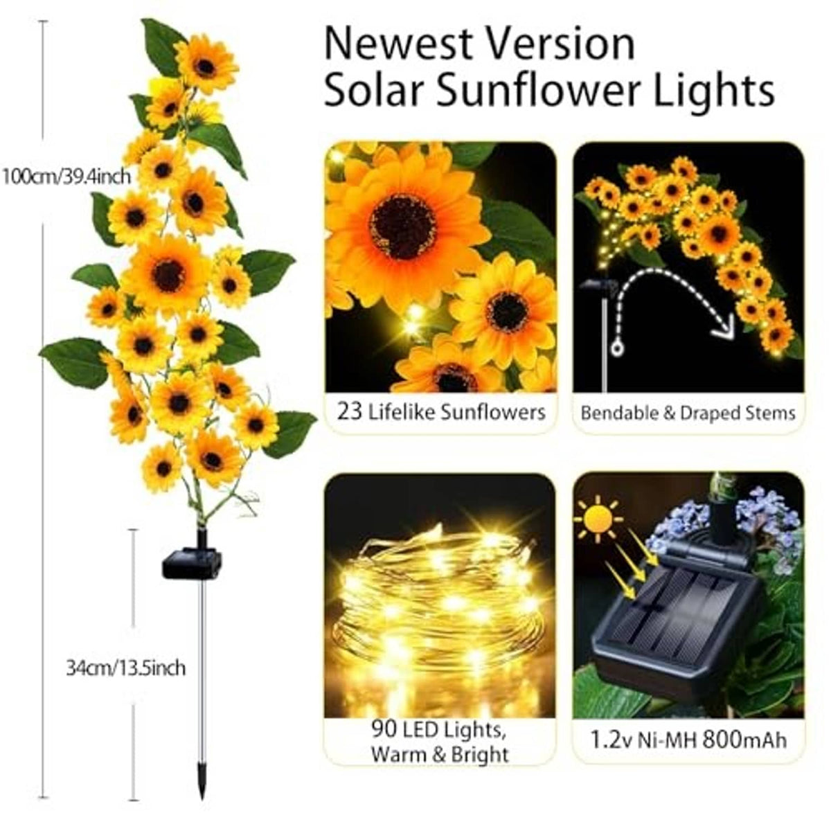 Solar sunflower light set with multiple yellow blooms on a black ground stake
