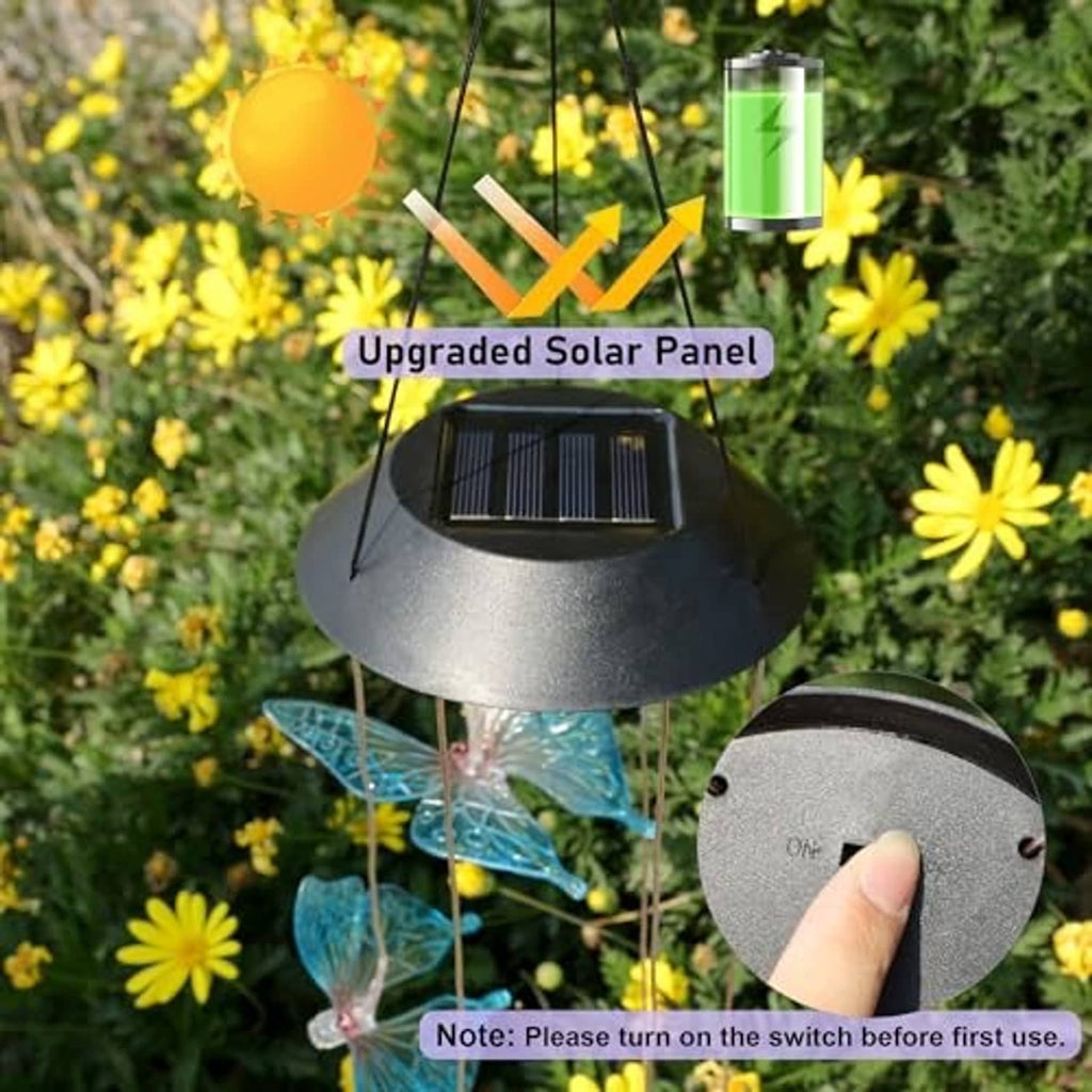 Solar butterfly wind chime top with solar panel and hanging LED butterfly ornaments