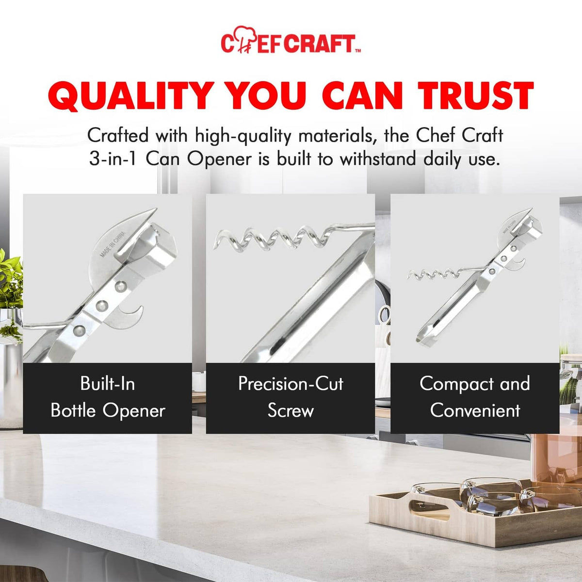 Chef Craft Select 3-in-1 stainless steel can opener with precision-cut screw opener
