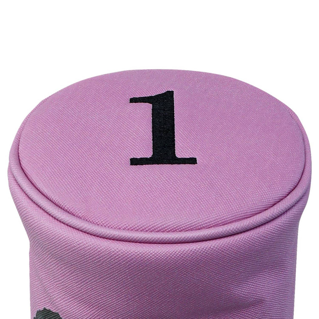 Golf driver headcover top with large black "1" embroidery on pink