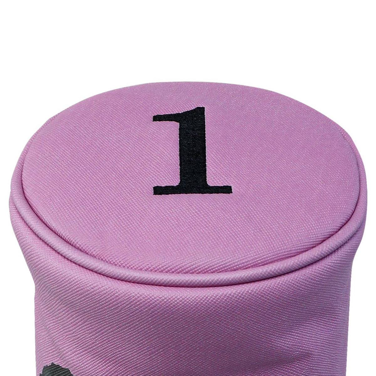 Golf driver headcover top with large black "1" embroidery on pink