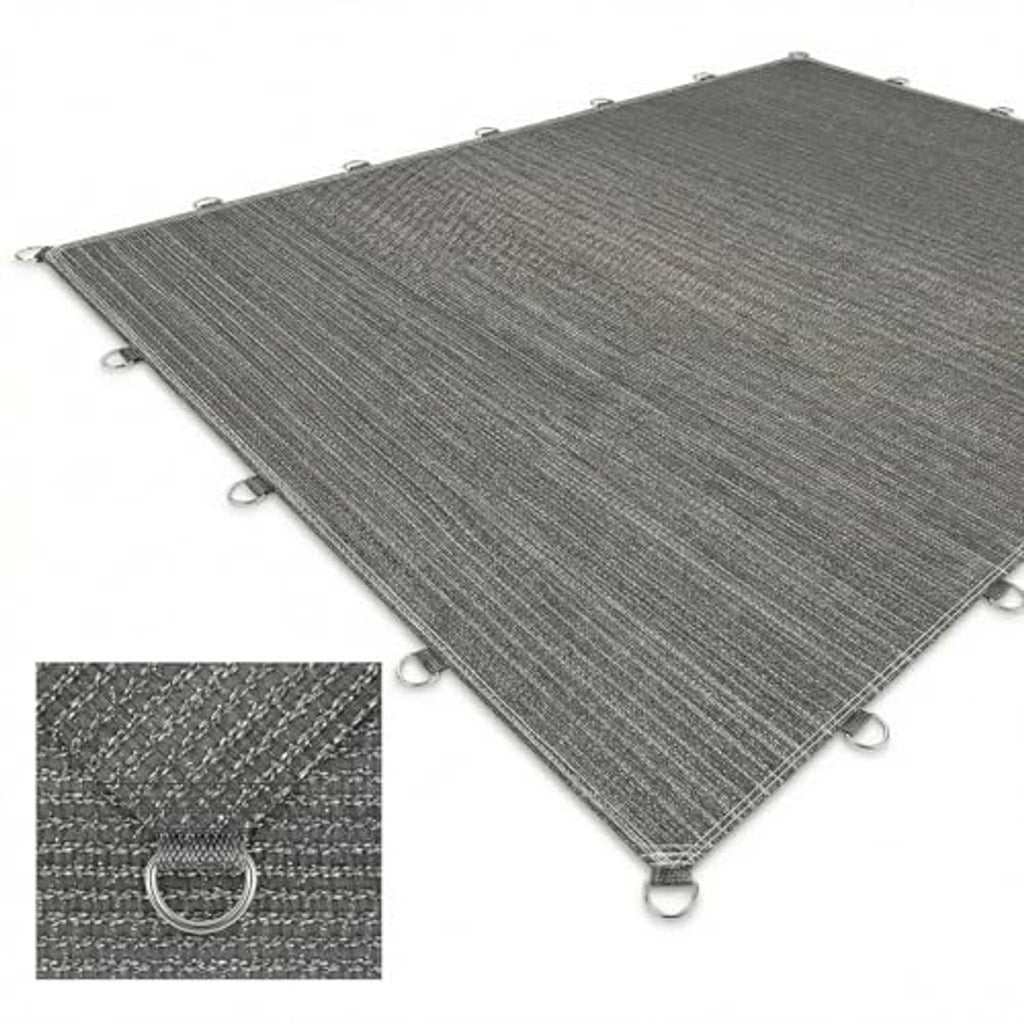Gray sun shade cloth with D-ring grommets along edges and reinforced corner tie rings