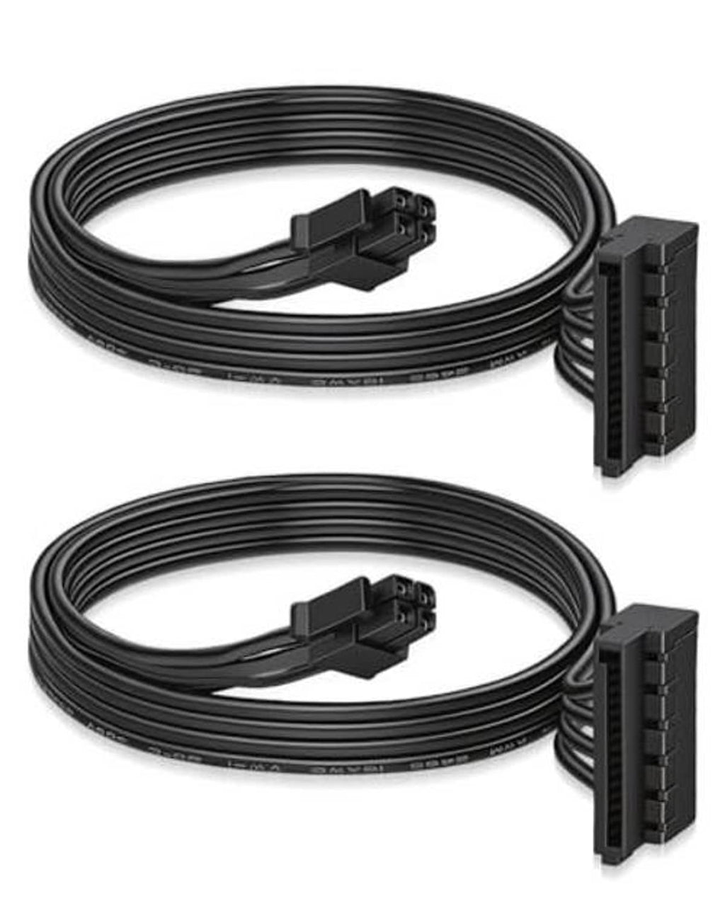 Black dual SATA power cable set with mini 4-pin and 15-pin connectors, ribbed wiring.
