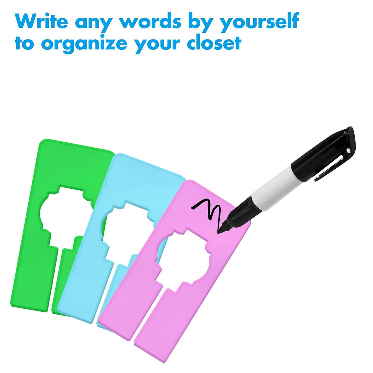 Colored closet rack dividers with marker-style pen for customizing each piece