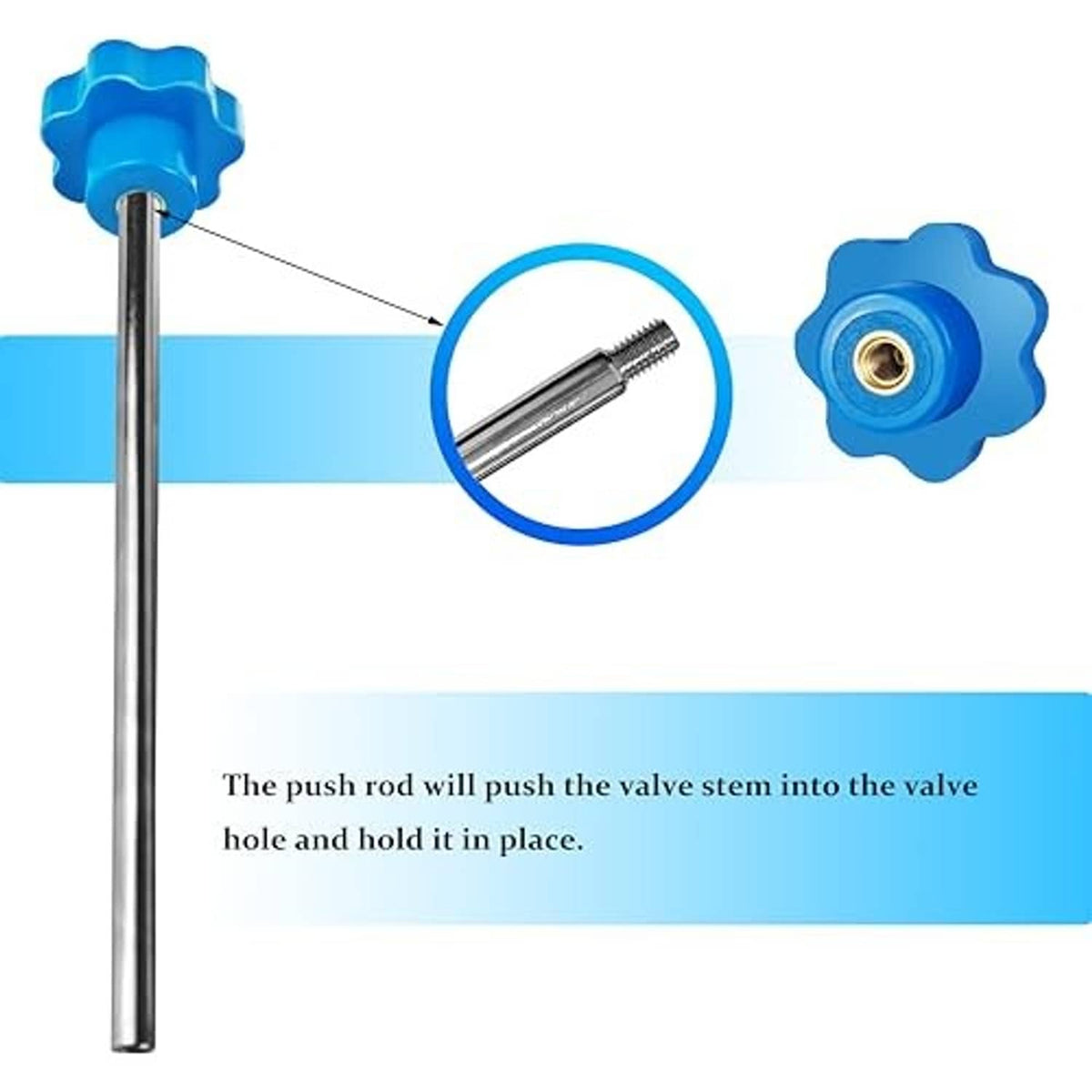 Tire valve core replacement tool with push rod and blue knob ends