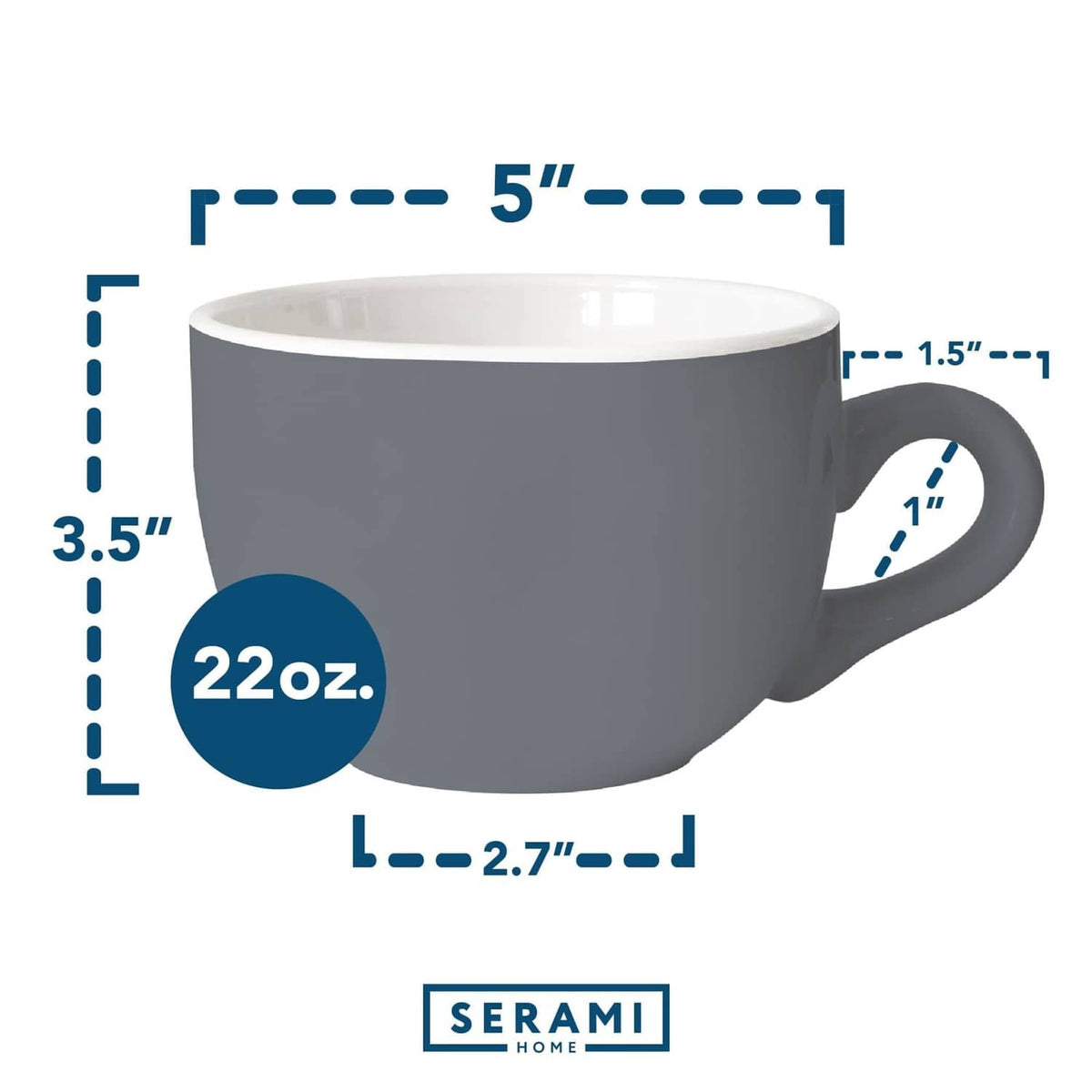 Gray ceramic coffee soup mug with white interior and side handle, 22 oz