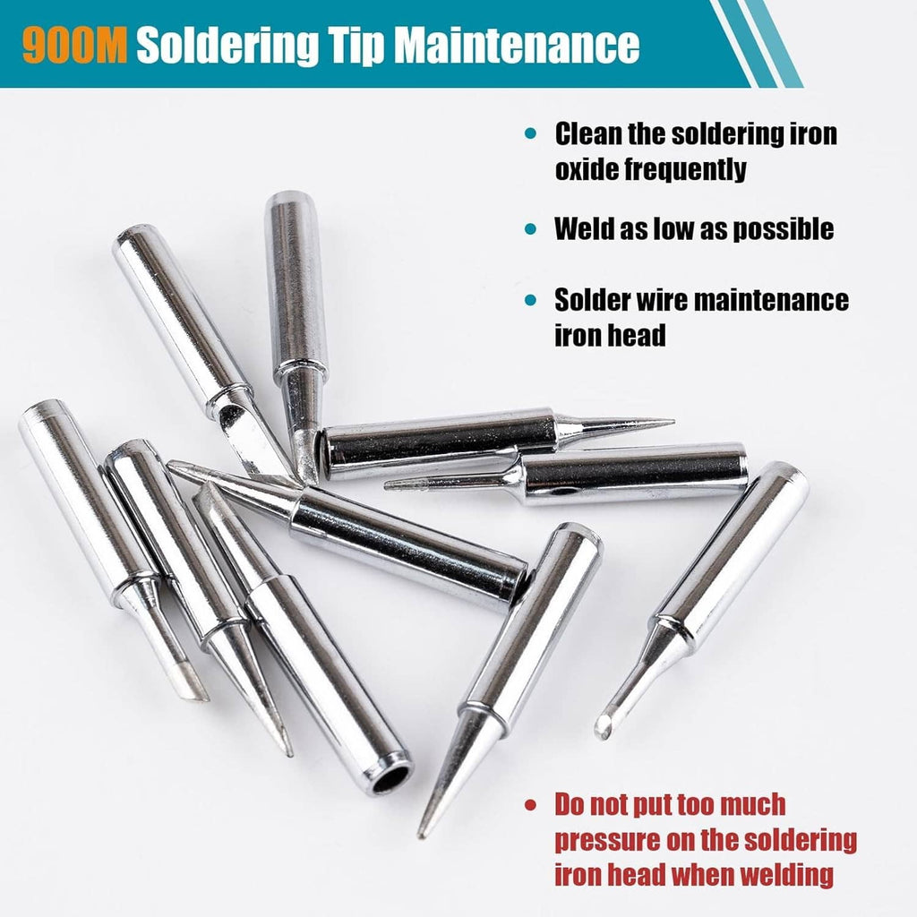 Soldering iron tip maintenance diagram with several metal replacement tips