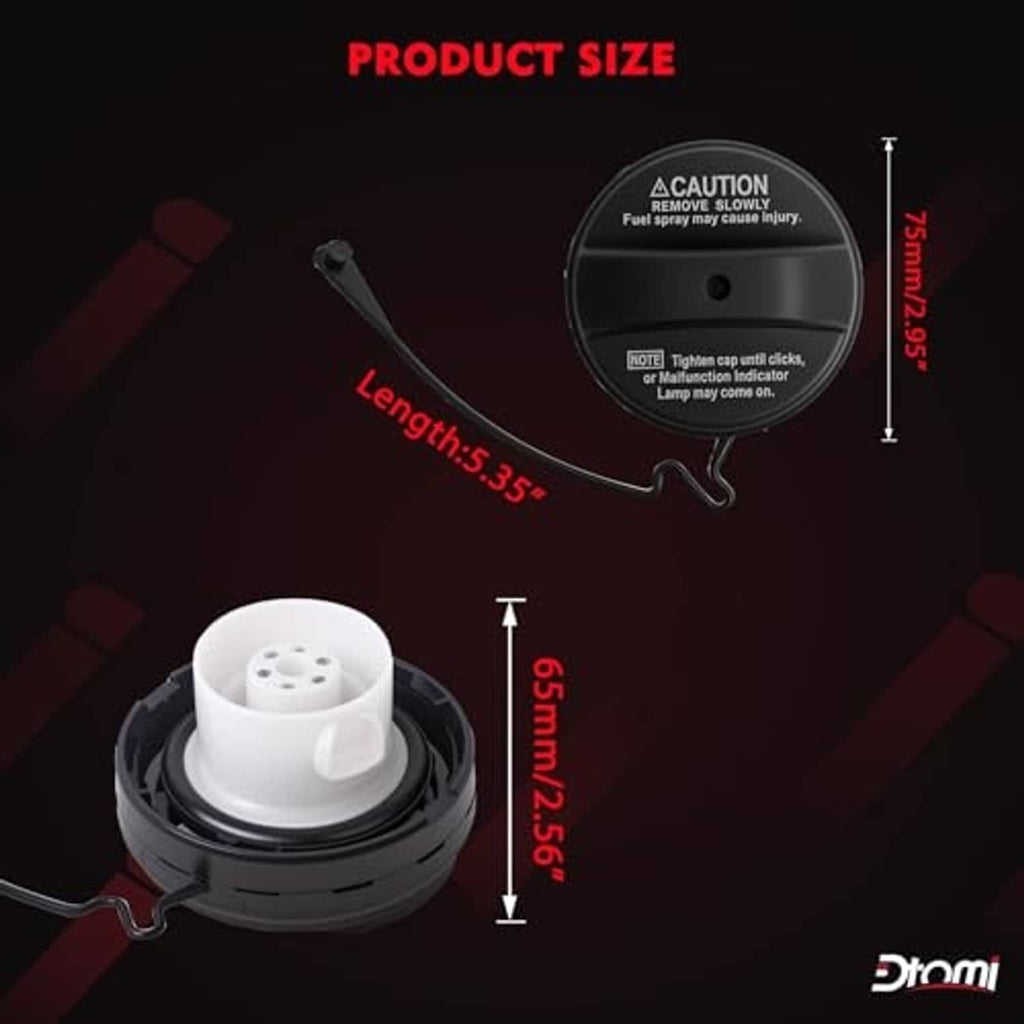 Fuel tank filler cap with product size diagram and length measurement