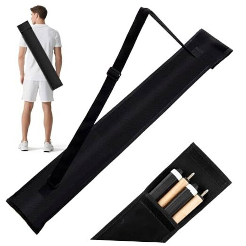 Black padded pool cue case with shoulder strap, designed to hold 2 butts and 2 shafts.