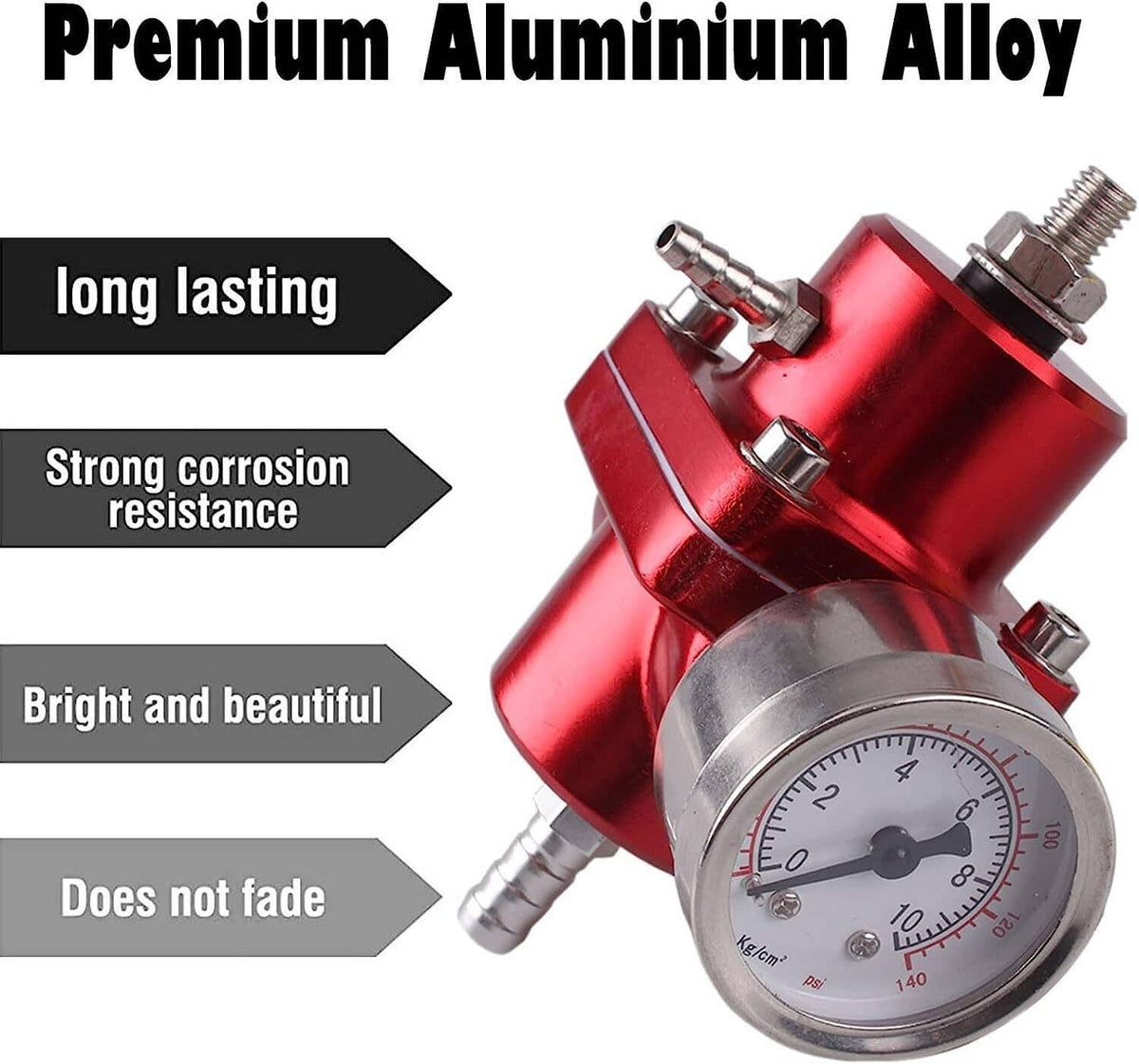 Red aluminum fuel pressure regulator with analog gauge and polished fittings
