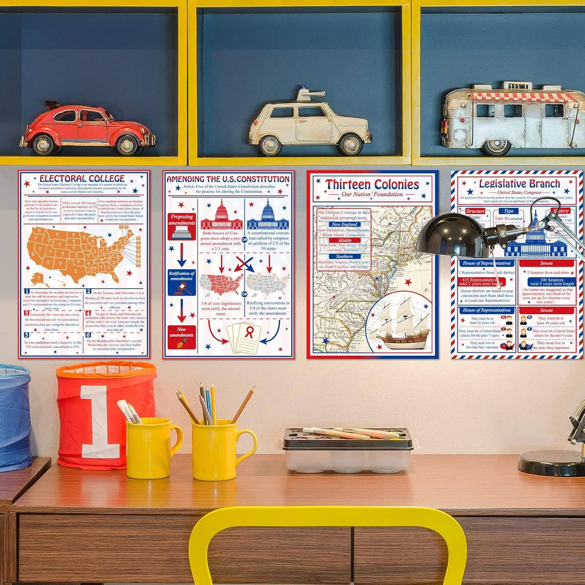 Wall display of U.S. civics posters showing electoral college, constitution, and colonies