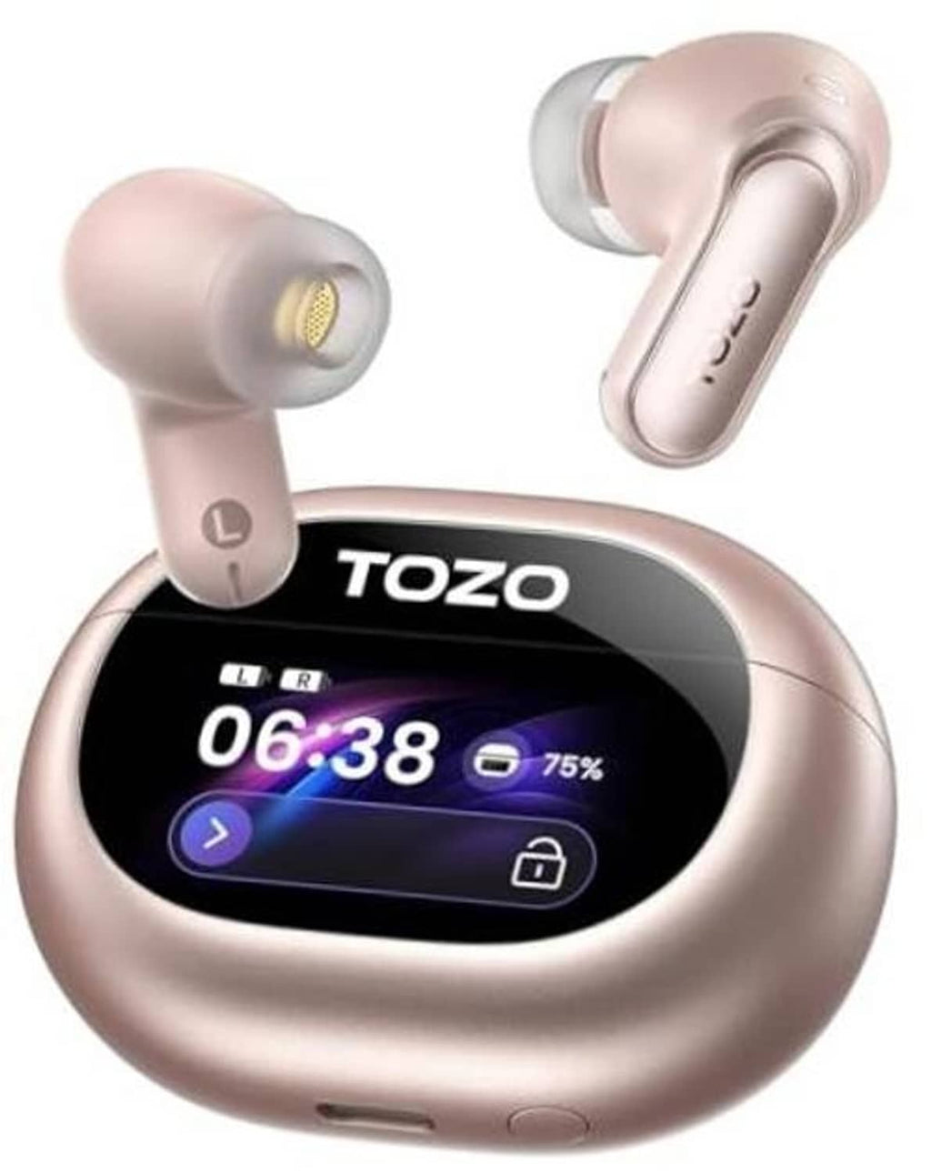 Pink wireless earbuds with charging case and LCD screen showing 06:38