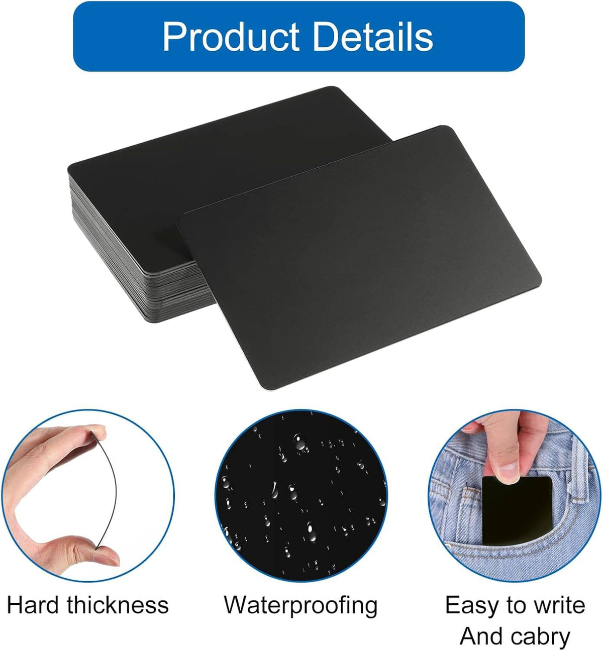 Black NFC blank cards stack with close-up showing thickness, waterproof, easy write icons
