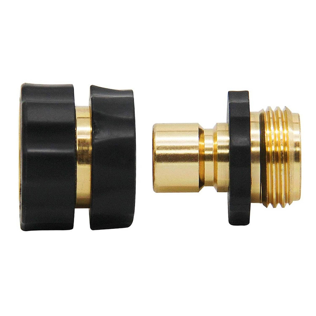 Garden hose connector, black coupler with brass male thread and brass ring collar