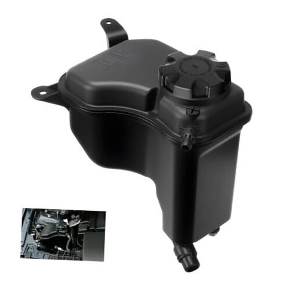 Black engine coolant expansion reservoir tank with sensor and twist cap