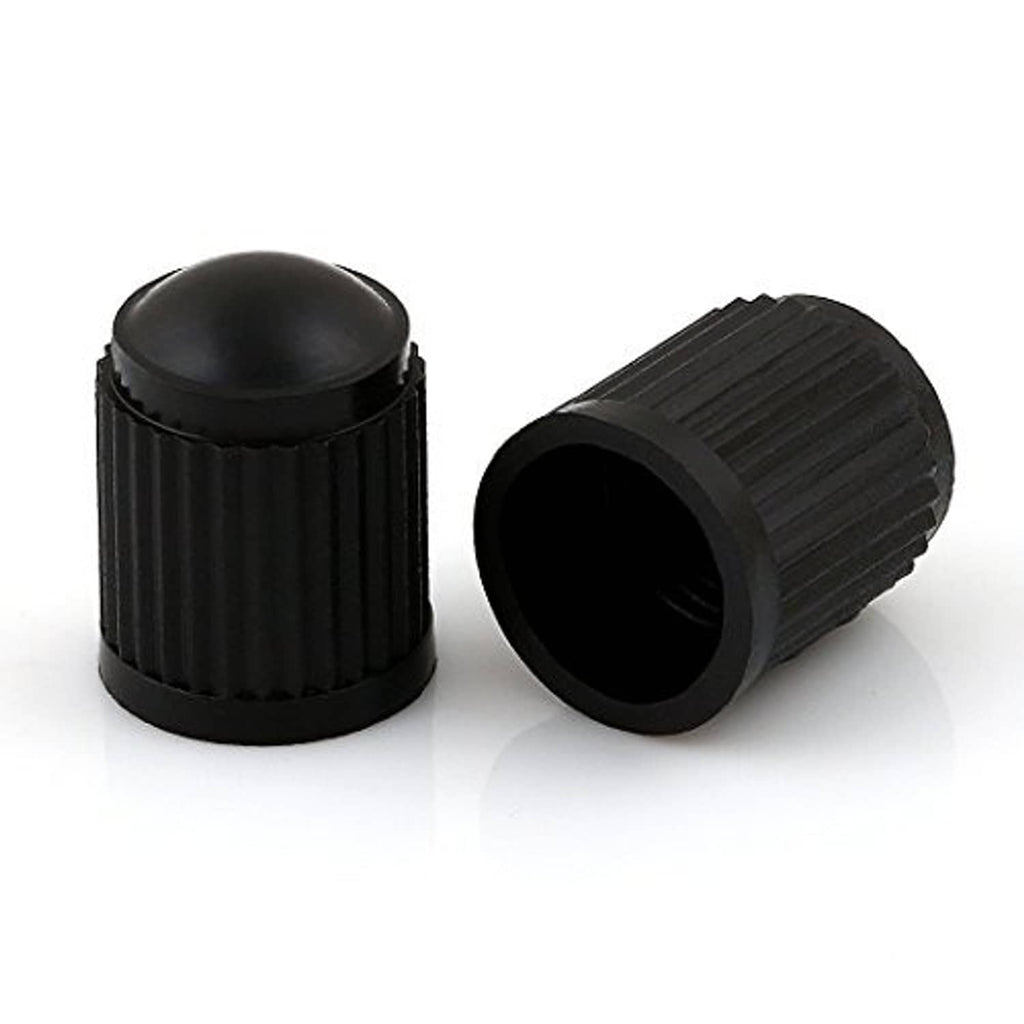 Black plastic valve stem caps with ribbed grip, rounded top and open end (pair)