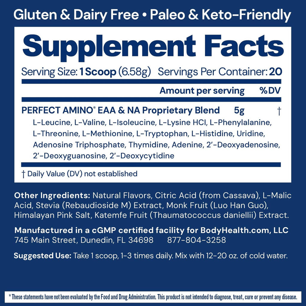 BODYHEALTH Perfect Amino supplement facts panel on back of blue powder tub