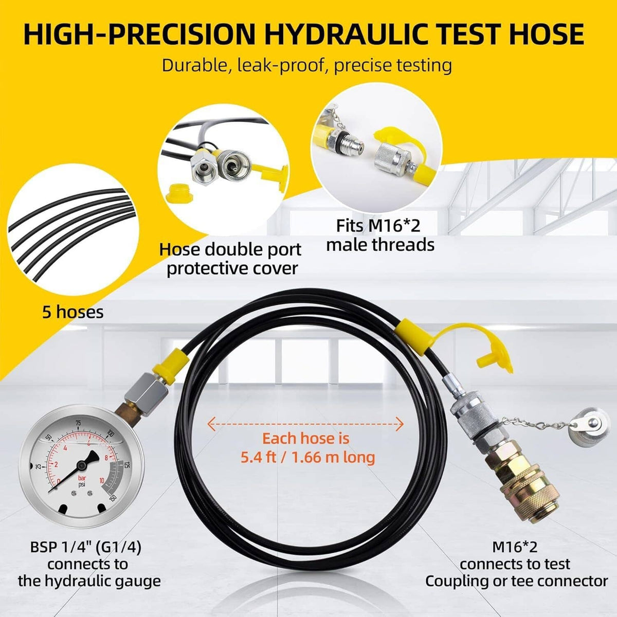 Hydraulic pressure test hose set with gauge connection and M16 fittings (illustration)