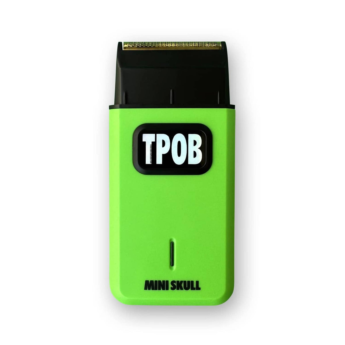 Mini skull green hair clipper with black top, label, and gold contacts on back