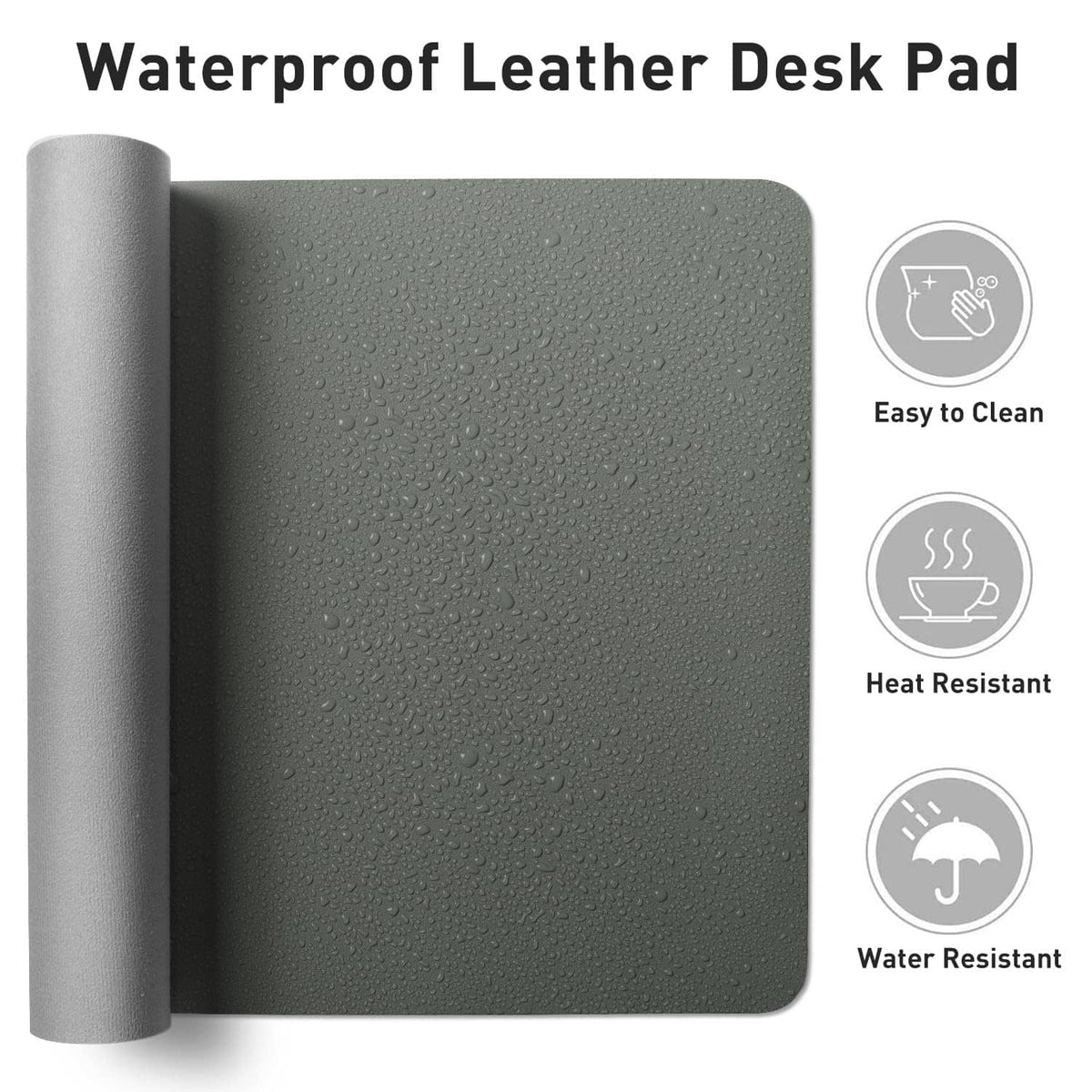 Jungle green waterproof leather desk pad with water droplets on pebbled surface