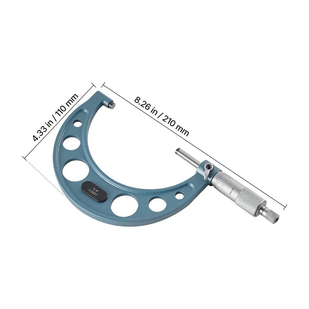 Teal outside micrometer with C-frame and silver thimble and measuring rod