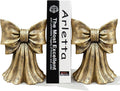 Set of 2 gold bow bookends, textured metal design, hold books upright