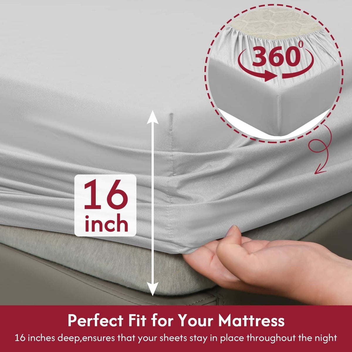 Light gray fitted sheet corner with elastic skirt and stitched seam detail
