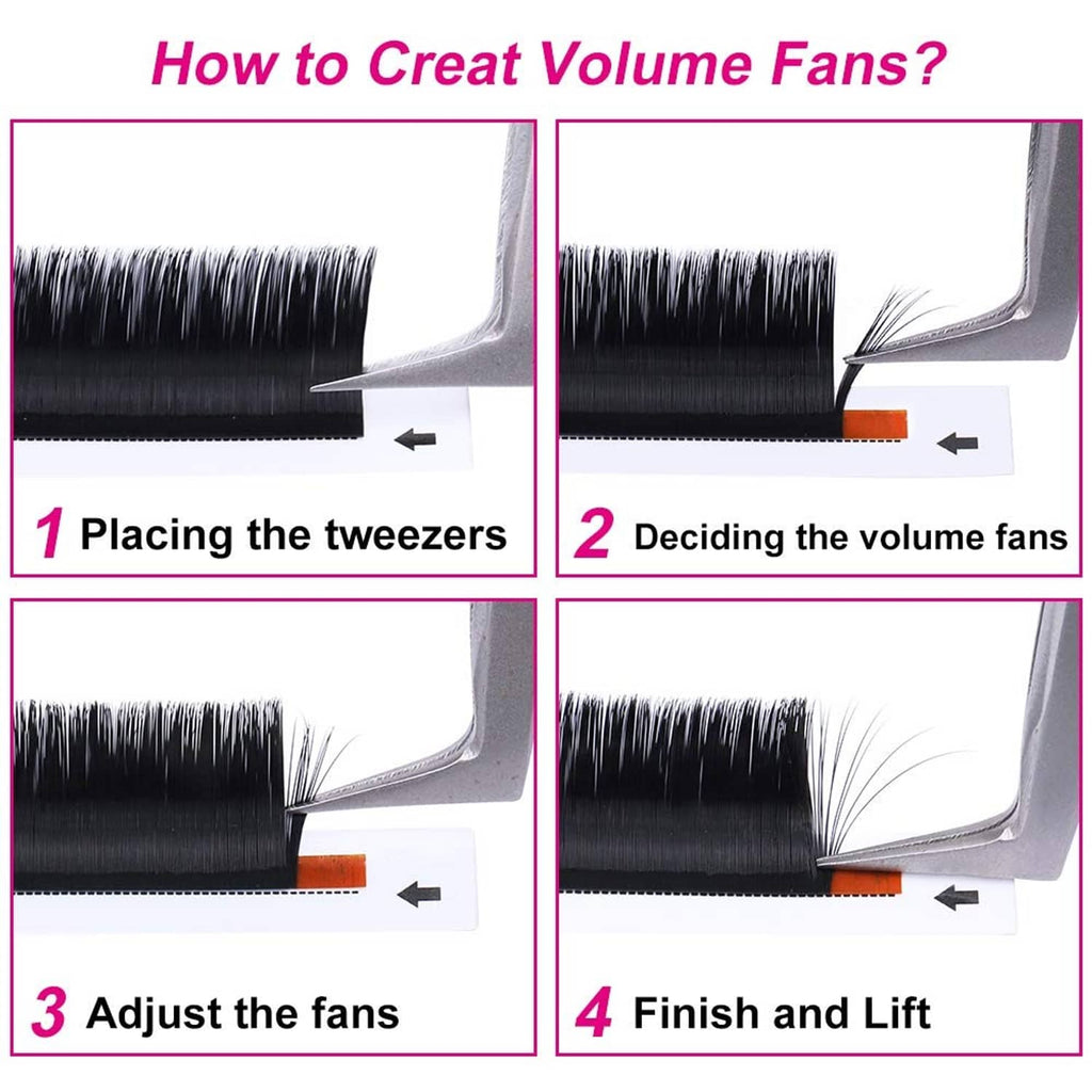 Lash volume fans being created with tweezers, multiple clusters forming on a strip